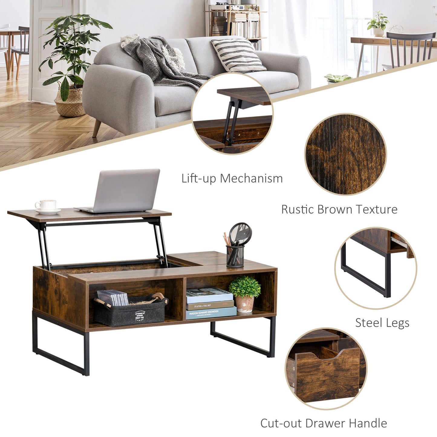 HOMCOM Extendable Coffee Table Lift Top Desk w/ Hidden Storage Compartment Drawer Metal Frame - Brown