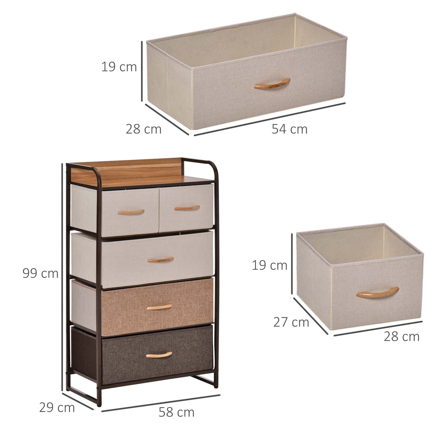 HOMCOM 5-Drawer Dresser Tower 3-Tier Storage Organizer with Steel Frame Wooden Top for Bedroom Hallway Closets
