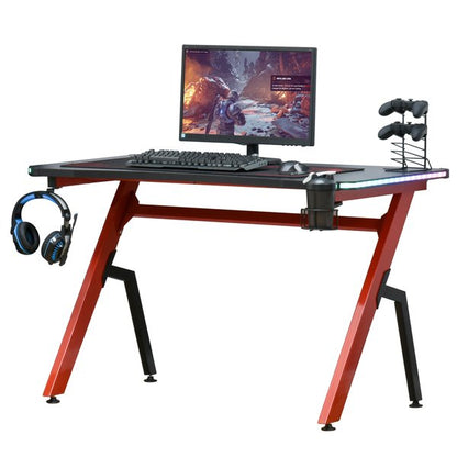 LED Ergonomic Gaming Desk Computer Writing Table With Cup Holder Cable Management