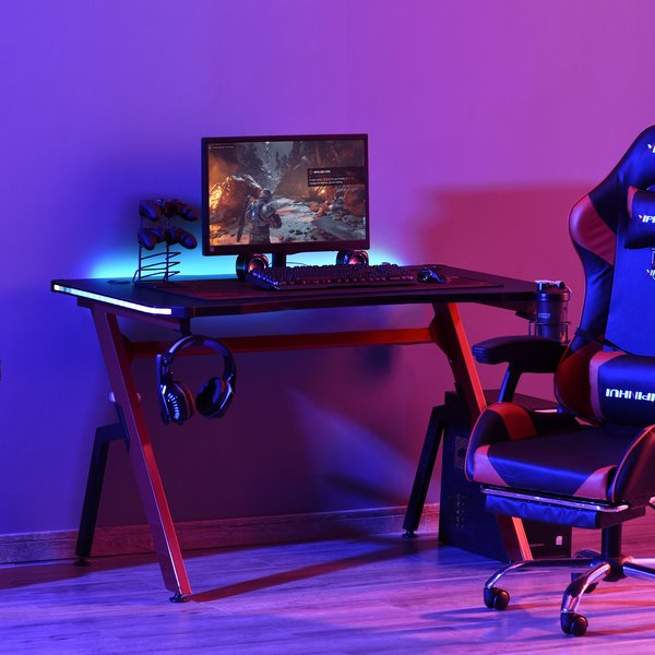 LED Ergonomic Gaming Desk Computer Writing Table With Cup Holder Cable Management