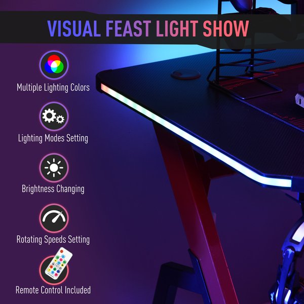 LED Ergonomic Gaming Desk Computer Writing Table With Cup Holder Cable Management