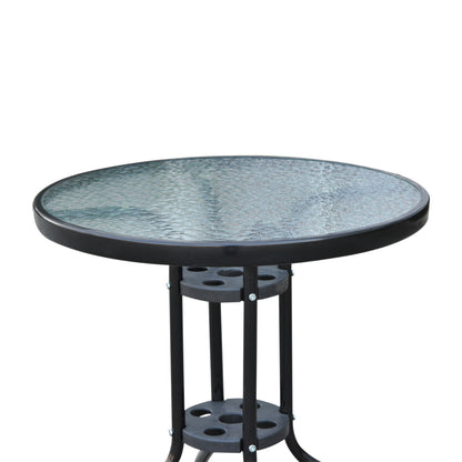 Φ60×70H cm Round Metal Table, Garden Table Tempered Glass-Black