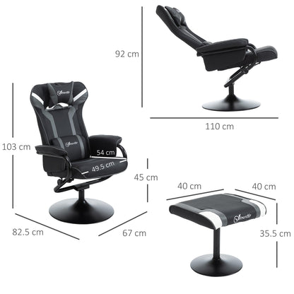 Vinsetto 2 Pieces Video Game Chair and Footrest Set Racing Style Recliner w/Headrest, Lumbar Support Reeling Backrest Pedestal Base Black Deep Grey