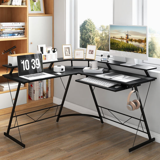 L-shaped Computer Desk with Power Outlet and Monitor Stand-Black