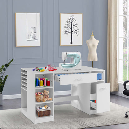 Large Sewing Craft Table with Drawers and Open Storage Shelves-White