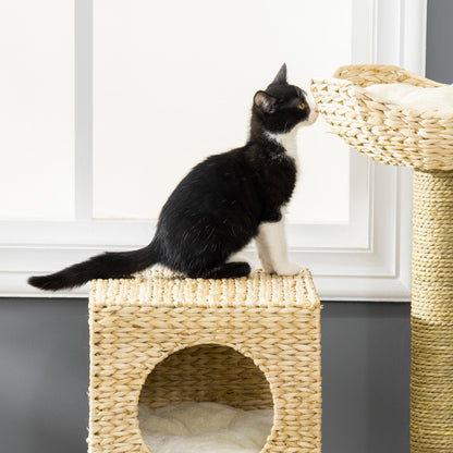 PawHut Cat Tree for Indoor Cats Kitten Tower Cattail Weave with Scratching Posts, Cat House, Bed， Washable Cushions Natural, 57 x 37 x 100.5 cm