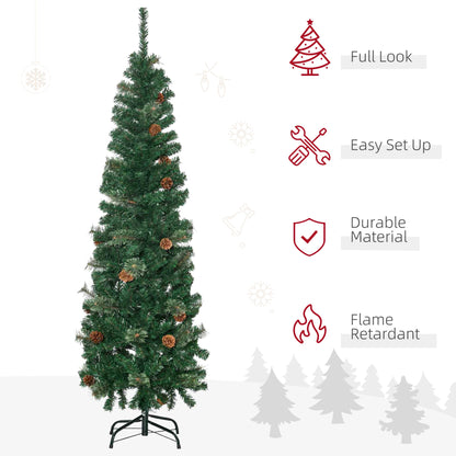 HOMCOM 5.5FT Tall Pencil Slim Artificial Christmas Tree with Realistic Branches, 412 Tip Count and 21 Pine Cones, Green