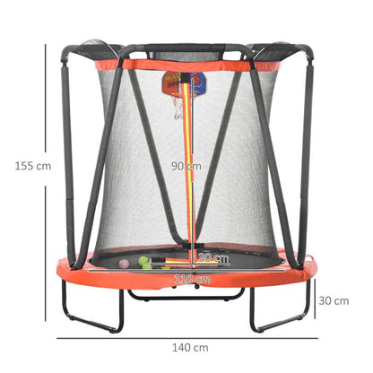 ZONEKIZ 4.6FT Kids Trampoline with Enclosure, Basketball, Sea Balls, Hoop - Red - for Ages 3-10 Years