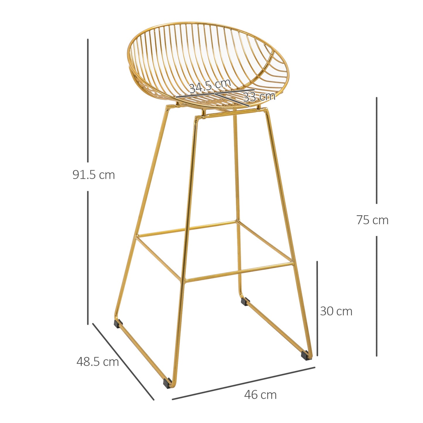 مجموعة من 2 كرسي بار من HOMCOM، كراسي بار من الأسلاك المعدنية، كرسي مرتفع عصري من الحديد للمطبخ، كرسي حانة مع مسند ظهر ومسند للقدمين، إطار فولاذي، ذهبي