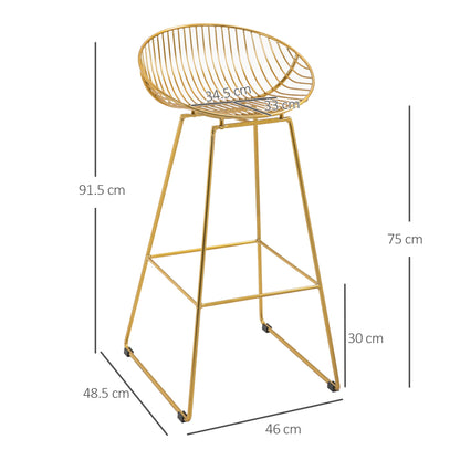 مجموعة من 2 كرسي بار من HOMCOM، كراسي بار من الأسلاك المعدنية، كرسي مرتفع عصري من الحديد للمطبخ، كرسي حانة مع مسند ظهر ومسند للقدمين، إطار فولاذي، ذهبي