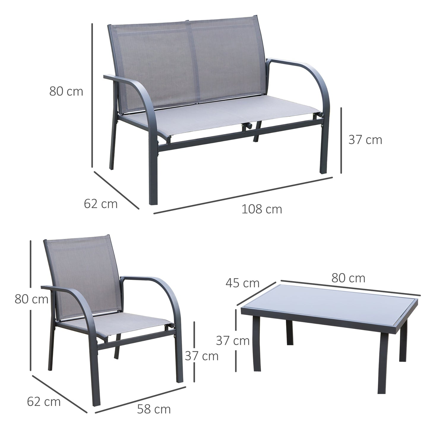 Outsunny 4 pcs Curved Steel Patio Furniture Set with Loveseat - Grey