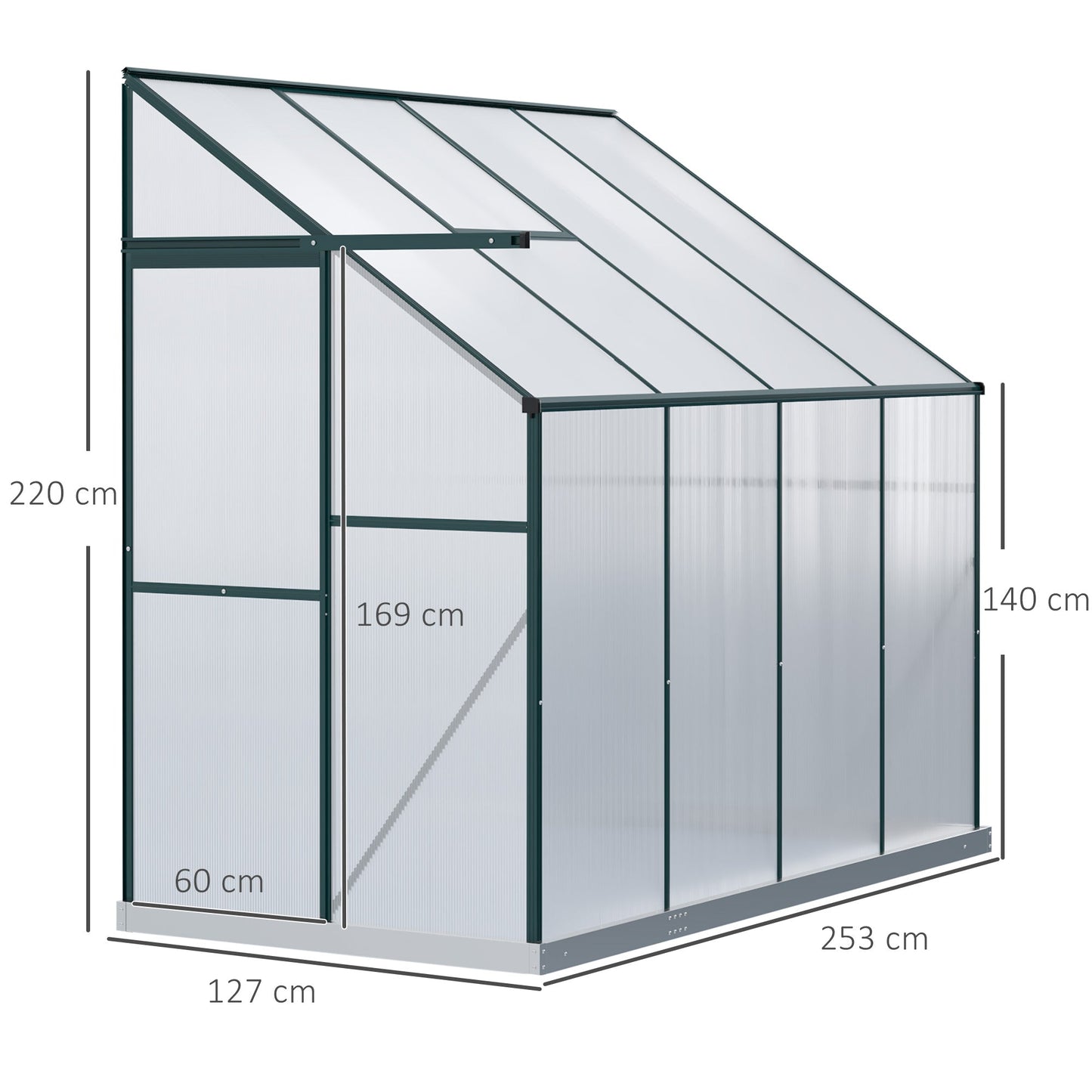 Walk-In Lean to Greenhouse Garden Heavy Duty Aluminium Polycarbonate with Roof Vent for Plants Herbs Vegetables, Green, 253 x 127 x 220 cm