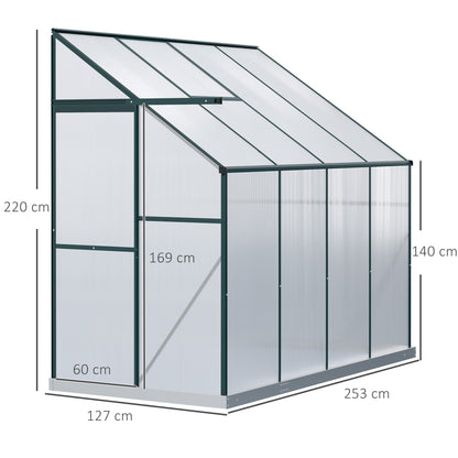 Walk-In Lean to Greenhouse Garden Heavy Duty Aluminium Polycarbonate with Roof Vent for Plants Herbs Vegetables, Green, 253 x 127 x 220 cm