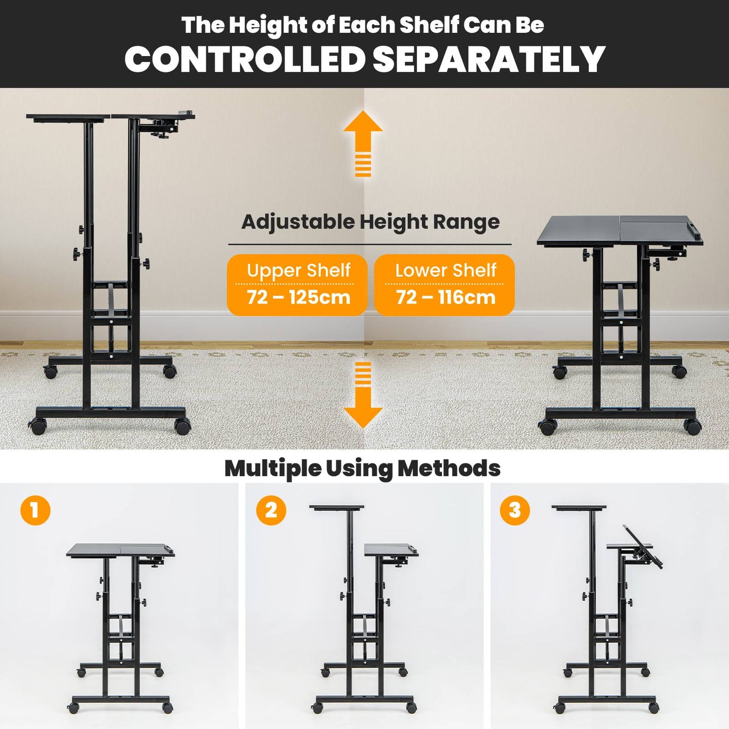 Height Adjustable Workstation with Wheels for Standing or Sitting-Black