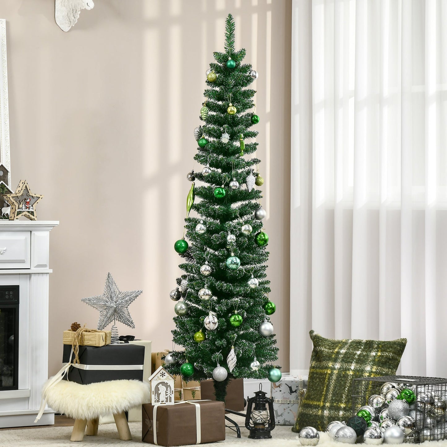 HOMCOM 5.5FT Artificial Snow Dipped Christmas Tree Xmas Pencil Tree Holiday Home Indoor Decoration with Foldable Black Stand, Green