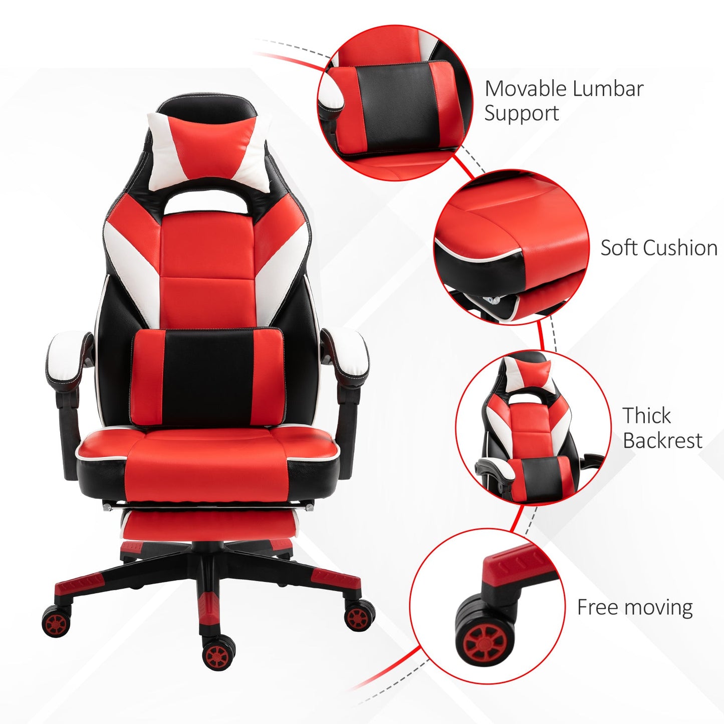 Vinsetto Cool & Stylish Gaming Chair Ergonomic Recliner w/ Thick Padding Footrest Neck & Back Pillow 5 Wheels Racing Swivel Height Adjustable Home Office Red