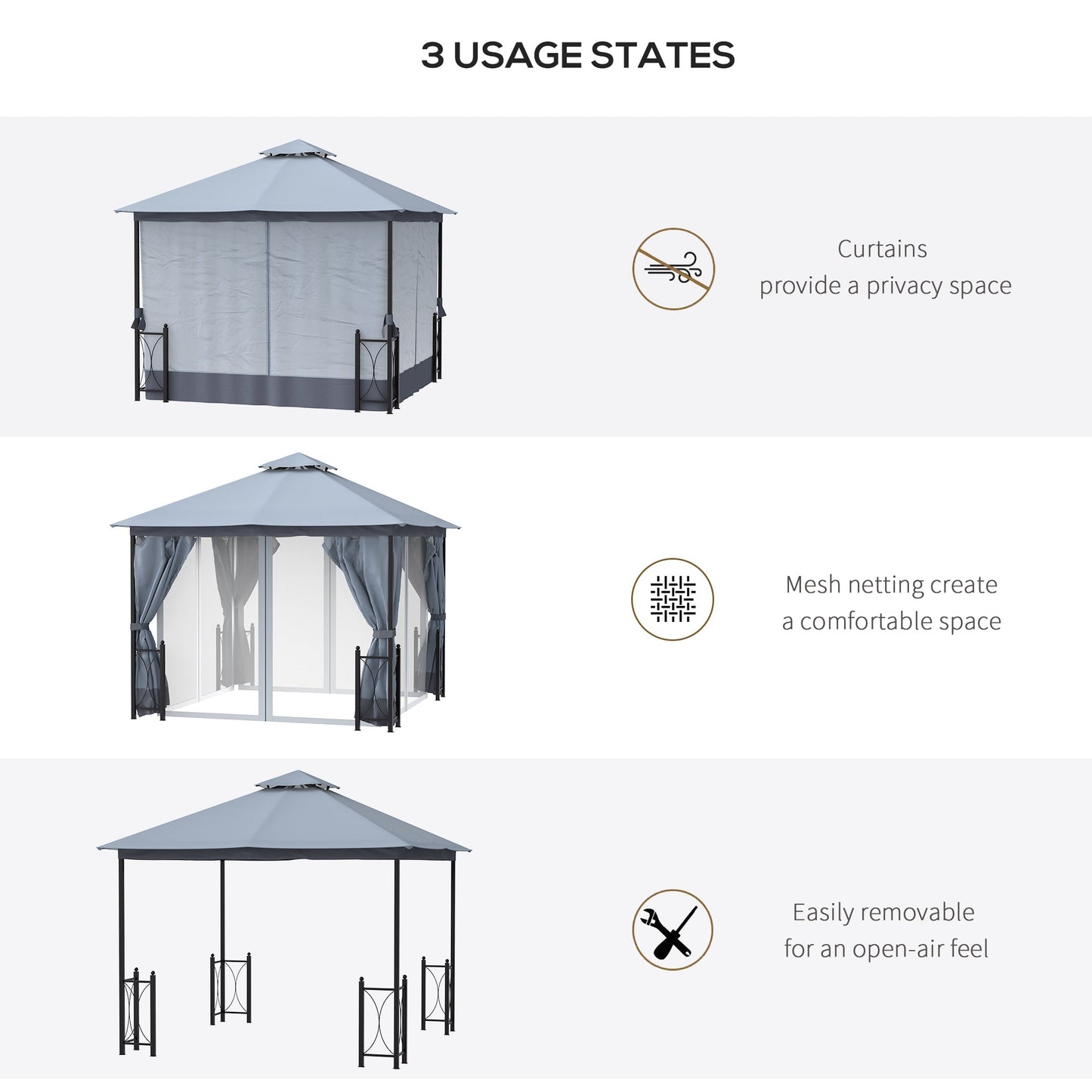 Outsunny 4 x 3.35(m) Patio Gazebo Canopy Garden Tent Sun Shade, Outdoor Shelter with 2 Tier Roof, Netting and Curtains, Steel Frame, Grey