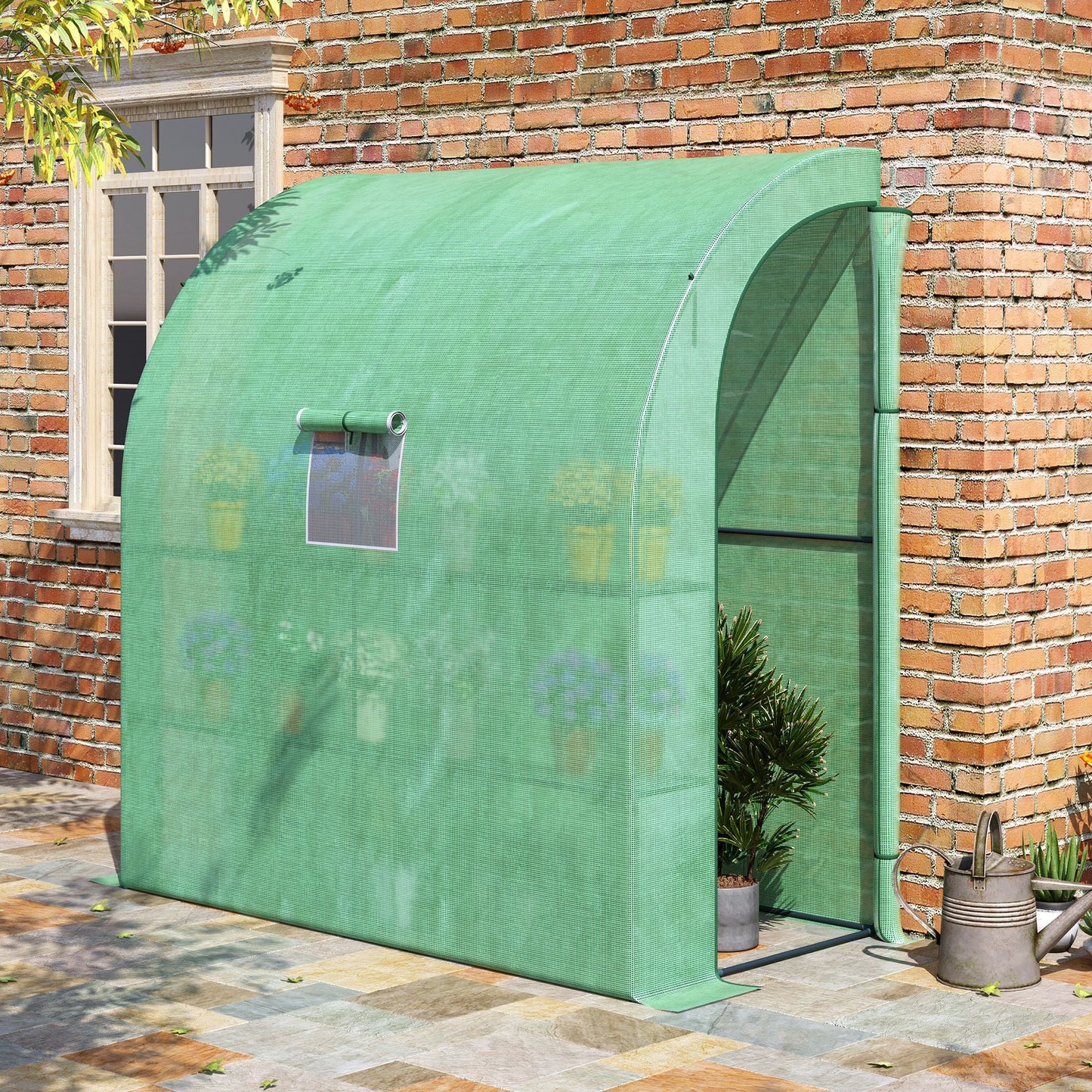 Walk-In Lean to Wall Greenhouse with Windows and Doors 2 Tiers 4 Wired Shelves 200L x 100W x 213Hcm Green