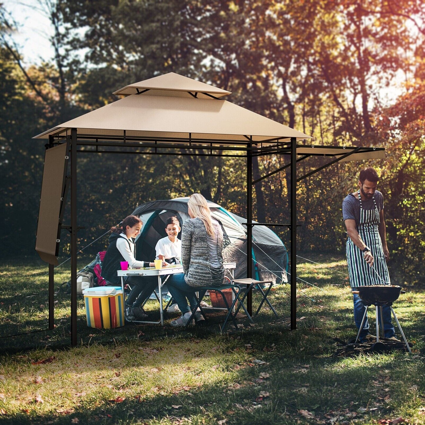 Outdoor Grill Gazebo with Dual Side Awnings-Brown