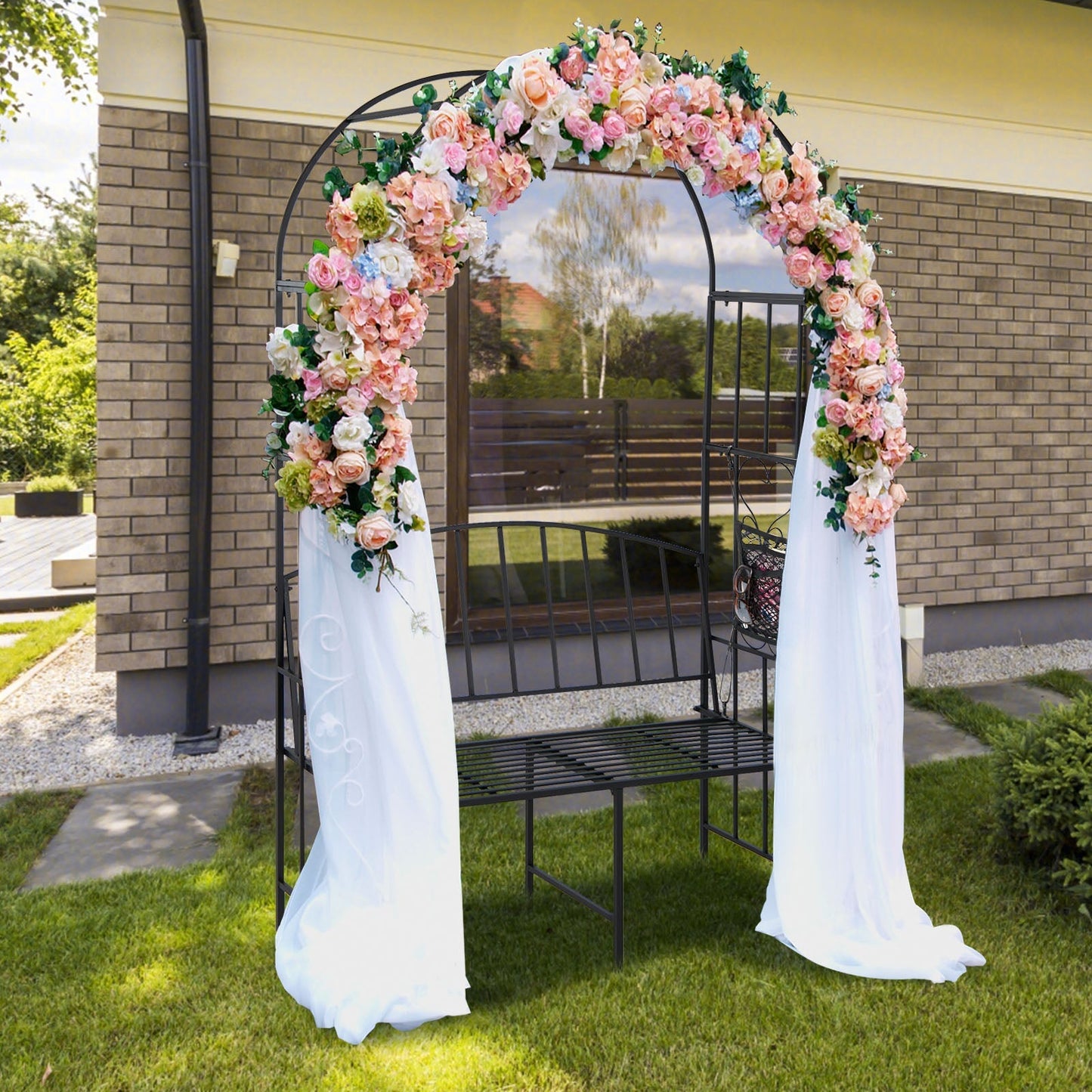 Outdoor Metal Garden Arch with Bench for Climbing Plants