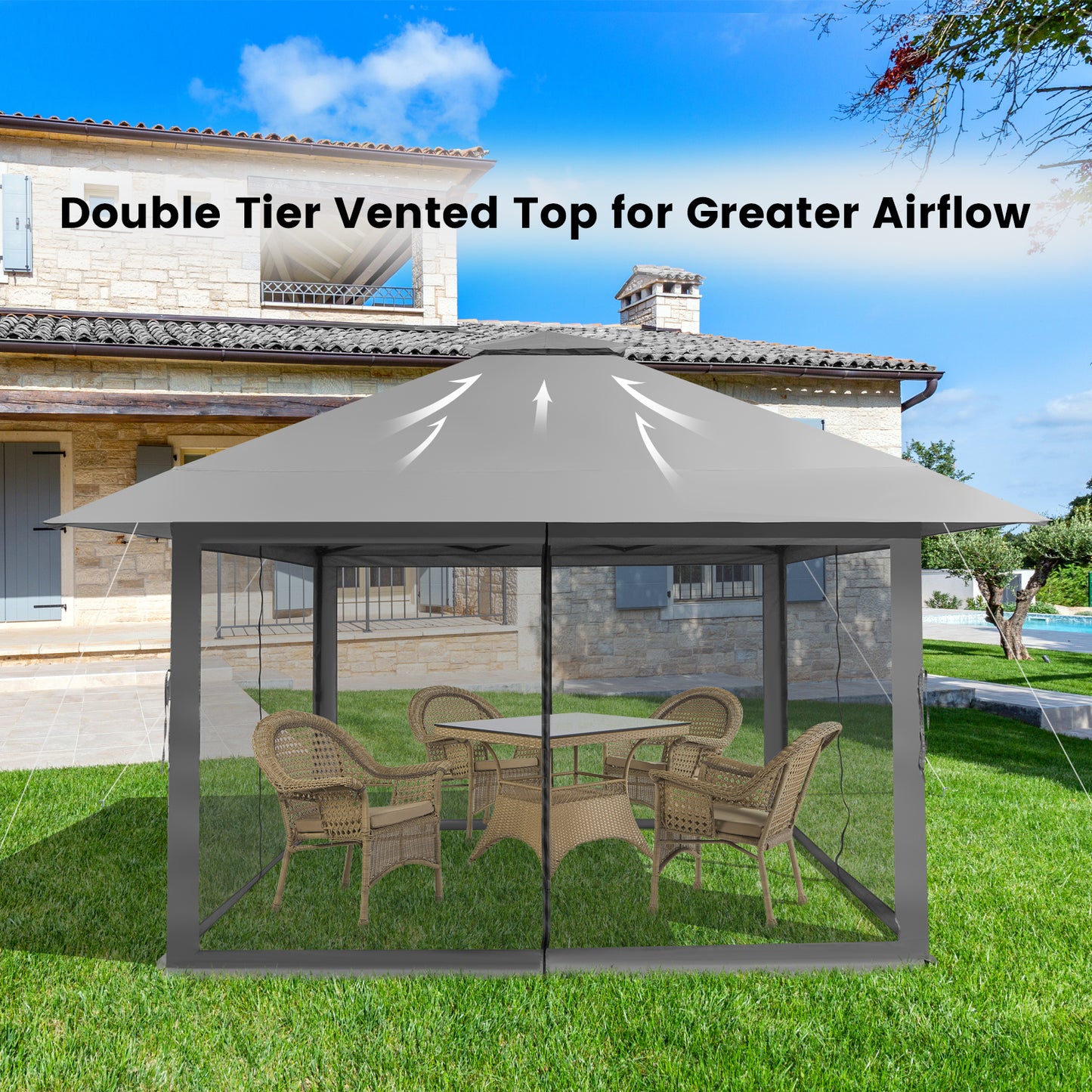 4 x 4m Pop-up Gazebo with Mesh Sidewalls and Adjustable Height-Grey