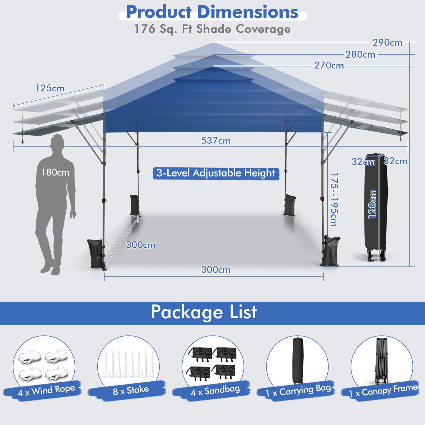 3 x 3m Rolling Pop up Gazebo with Adjustable Dual Awnings and Height-Navy