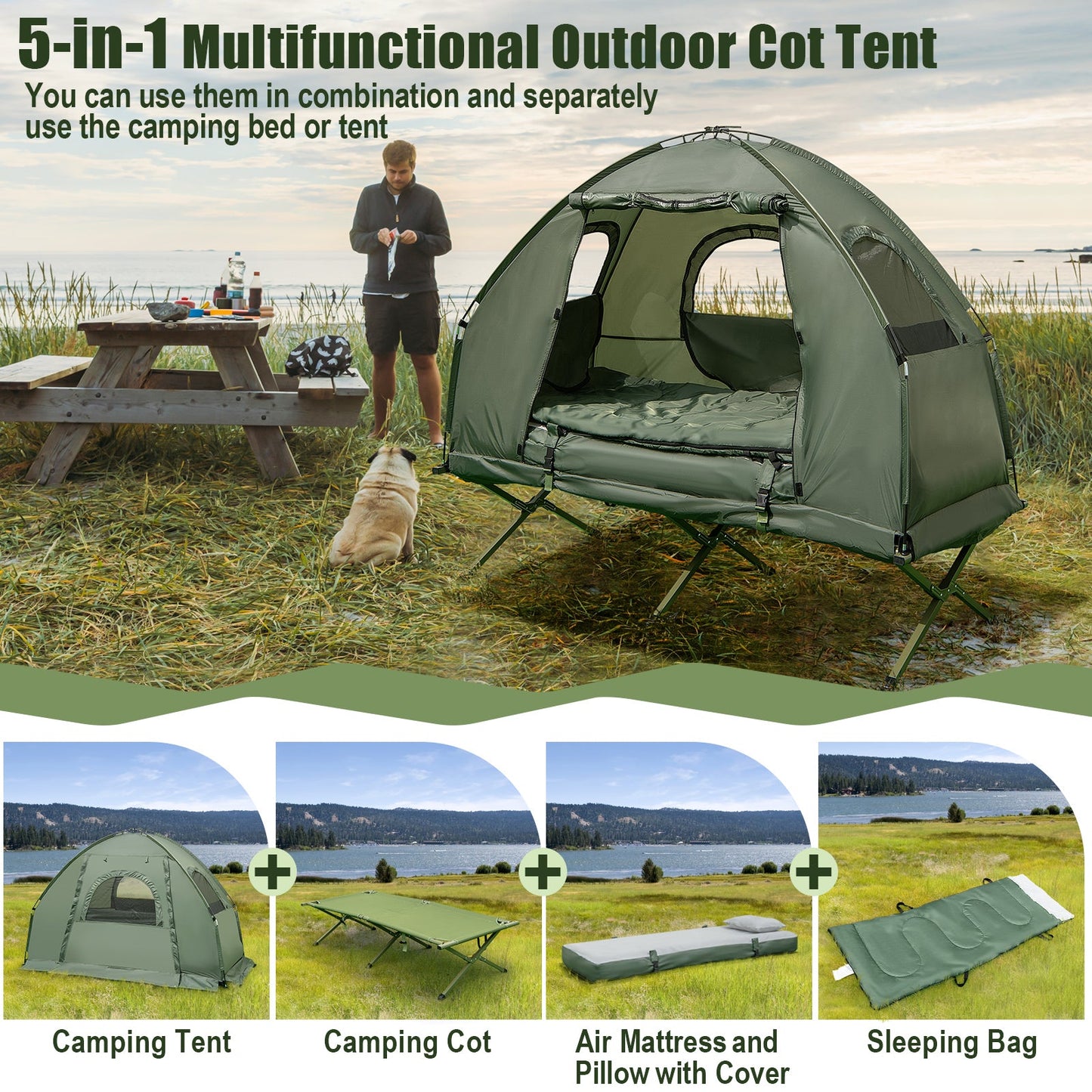 1/2 Person Foldable Camping Tent with Air Mattress Sleeping Bag-1 Person