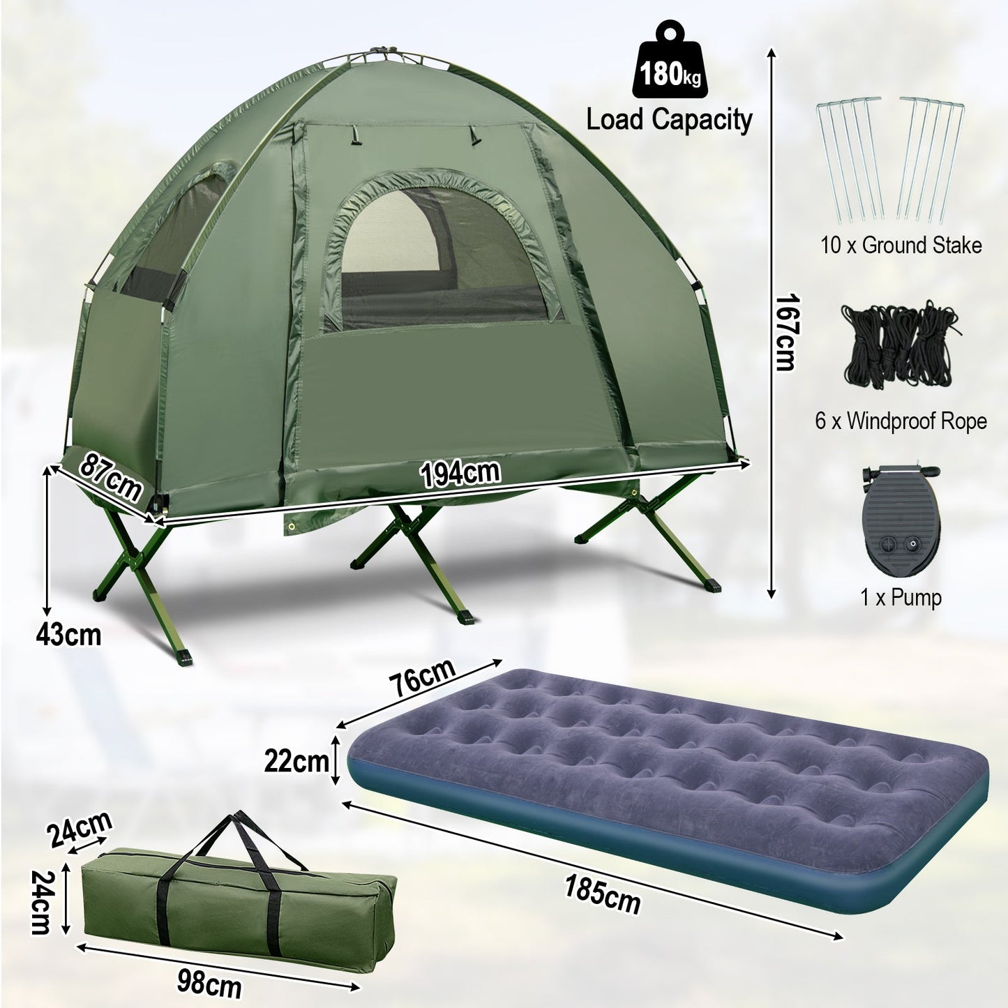 1/2 Person Foldable Camping Tent with Air Mattress Sleeping Bag-1 Person
