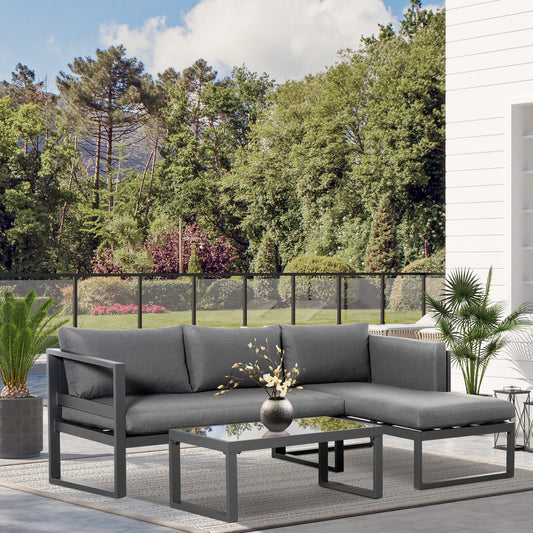 Outsunny 3-Seater L-shape Garden Corner Sofa Set with Padded Cushions and Glass Coffee Table - Grey