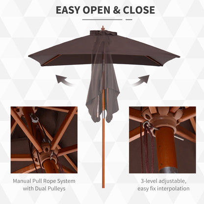 Outsunny 2m x 1.5m Garden Parasol Umbrella with Tilting Sunshade Canopy, Outdoor Market Table Umbrella with Wood and Bamboo Frame, Coffee