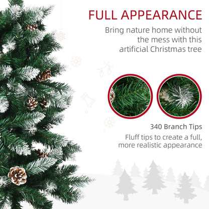 HOMCOM 5 Ft Snow Artificial Christmas Tree with Realistic Branches, Pine Cone, for Indoor Decoration, Green White