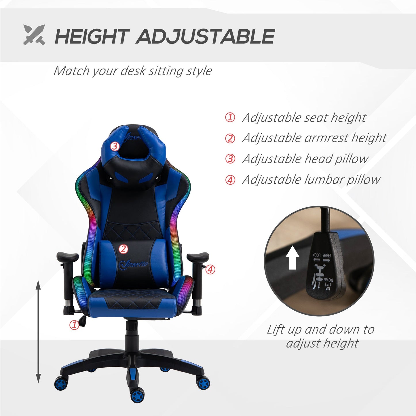 Vinsetto Reclining Gaming Chair with RGB LED Light - Black/Blue