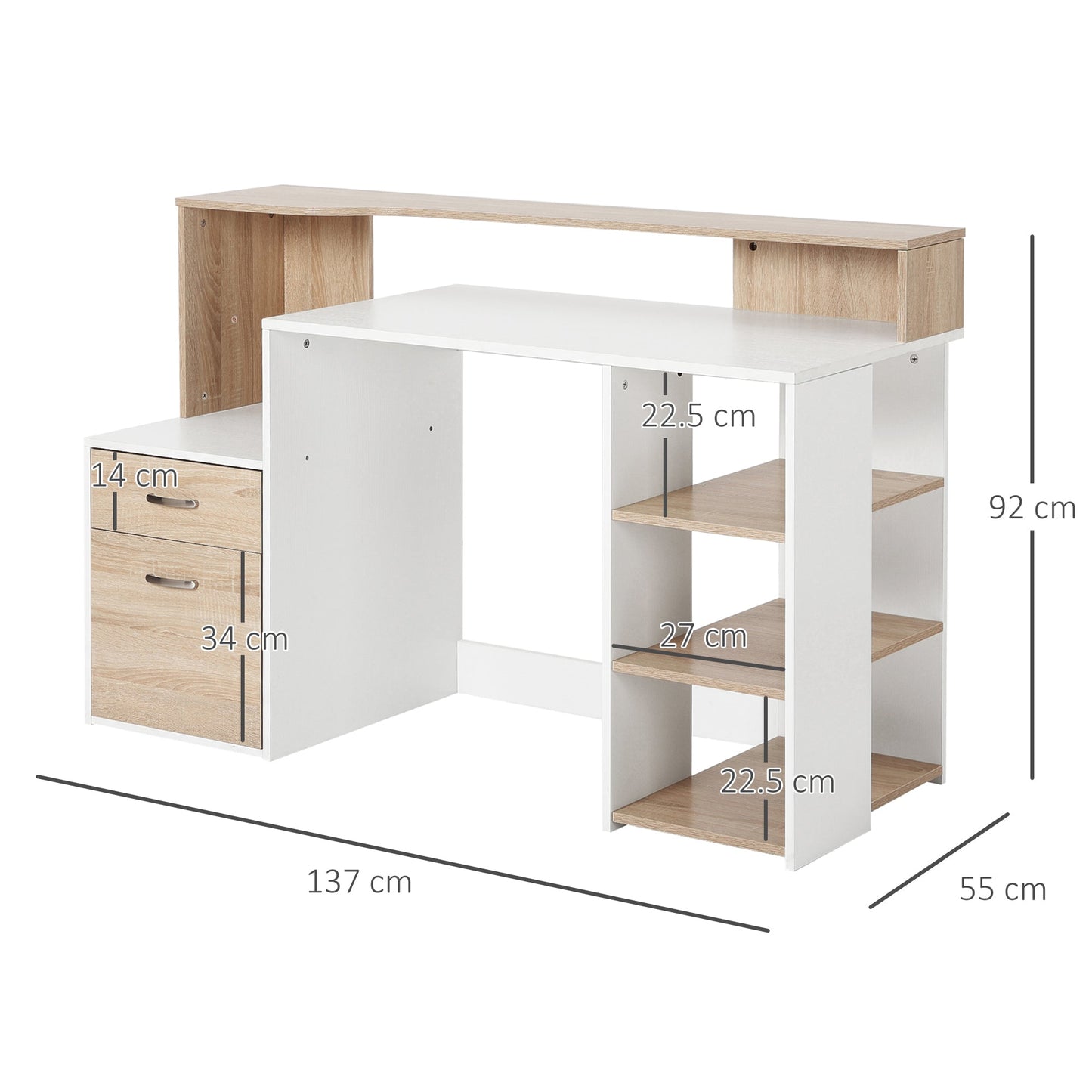 White and Wood Desk Wooden Computer Desk 140Lx55Dx92H cm Modern Home Office Writing Workstation Furniture Printer Shelf Rack Storage Drawer & Shelves