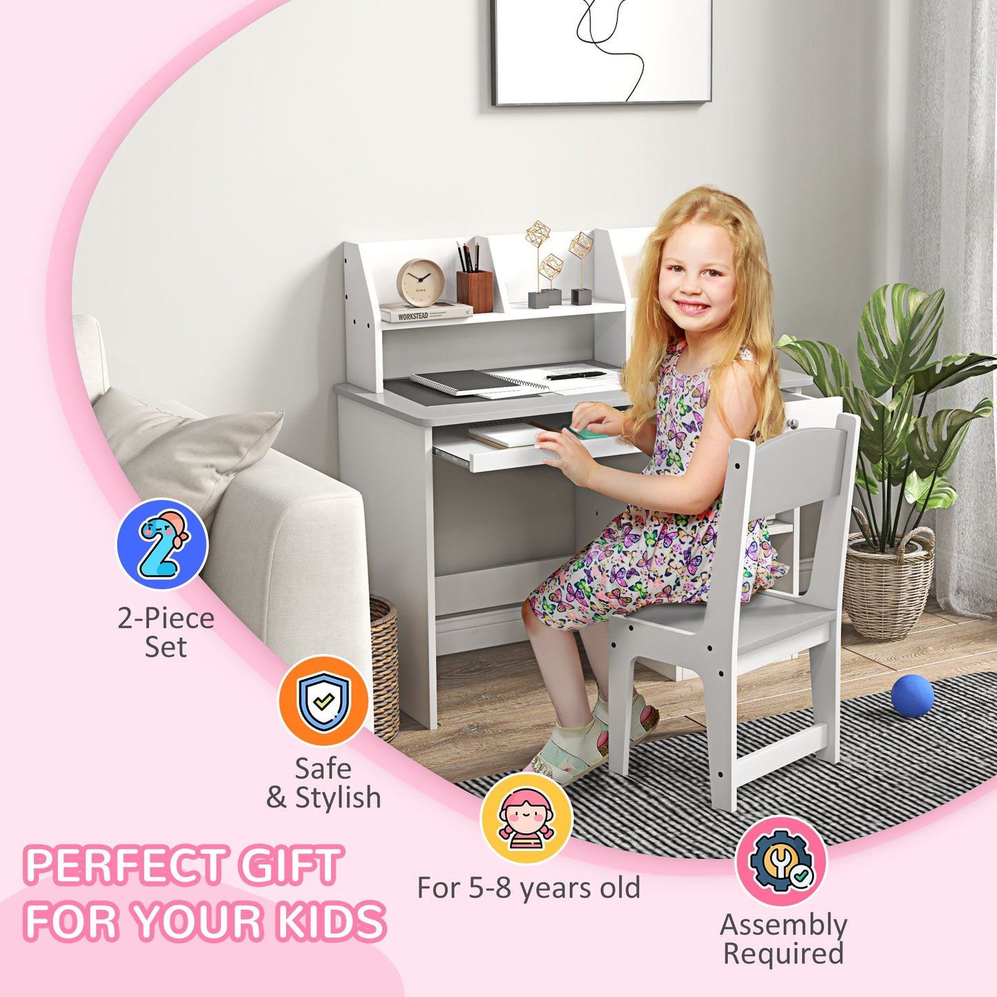 ZONEKIZ Kids Desk and Chair Set with Storage for 5-8 Year Old, 2 Pieces Childrens Table and Chair Set, Grey
