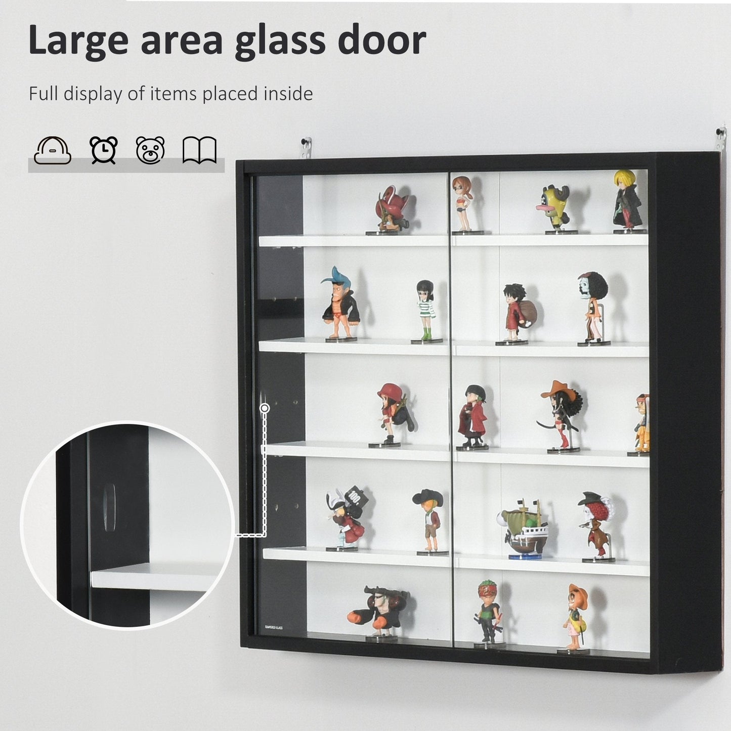 HOMCOM 5-Tier Wall Display Shelf Unit Cabinet w/ 4 Adjustable Shelves Glass Doors Home Office Ornaments 60x80cm Black/White