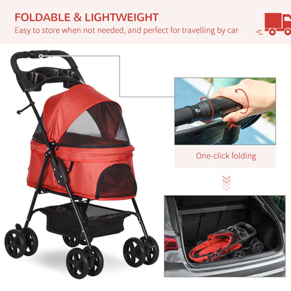 PawHut Dog Stroller with Rain Cover, Dog Pushchair One-Click Fold Trolley Jogger with EVA Wheels Brake Basket Adjustable Canopy Safety Leash for Small Dogs, Red