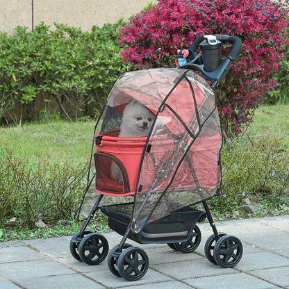 PawHut Dog Stroller with Rain Cover, Dog Pushchair One-Click Fold Trolley Jogger with EVA Wheels Brake Basket Adjustable Canopy Safety Leash for Small Dogs, Red