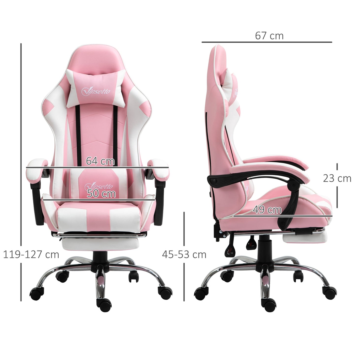 Vinsetto Gaming Desk Chair with Headrest and Retractable Footrest - Pink