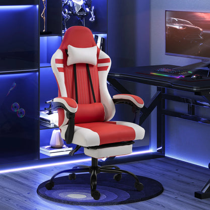 Vinsetto PU Leather Gaming Chair with Headrest, Footrest, Wheels, Adjustable Height - Red/White