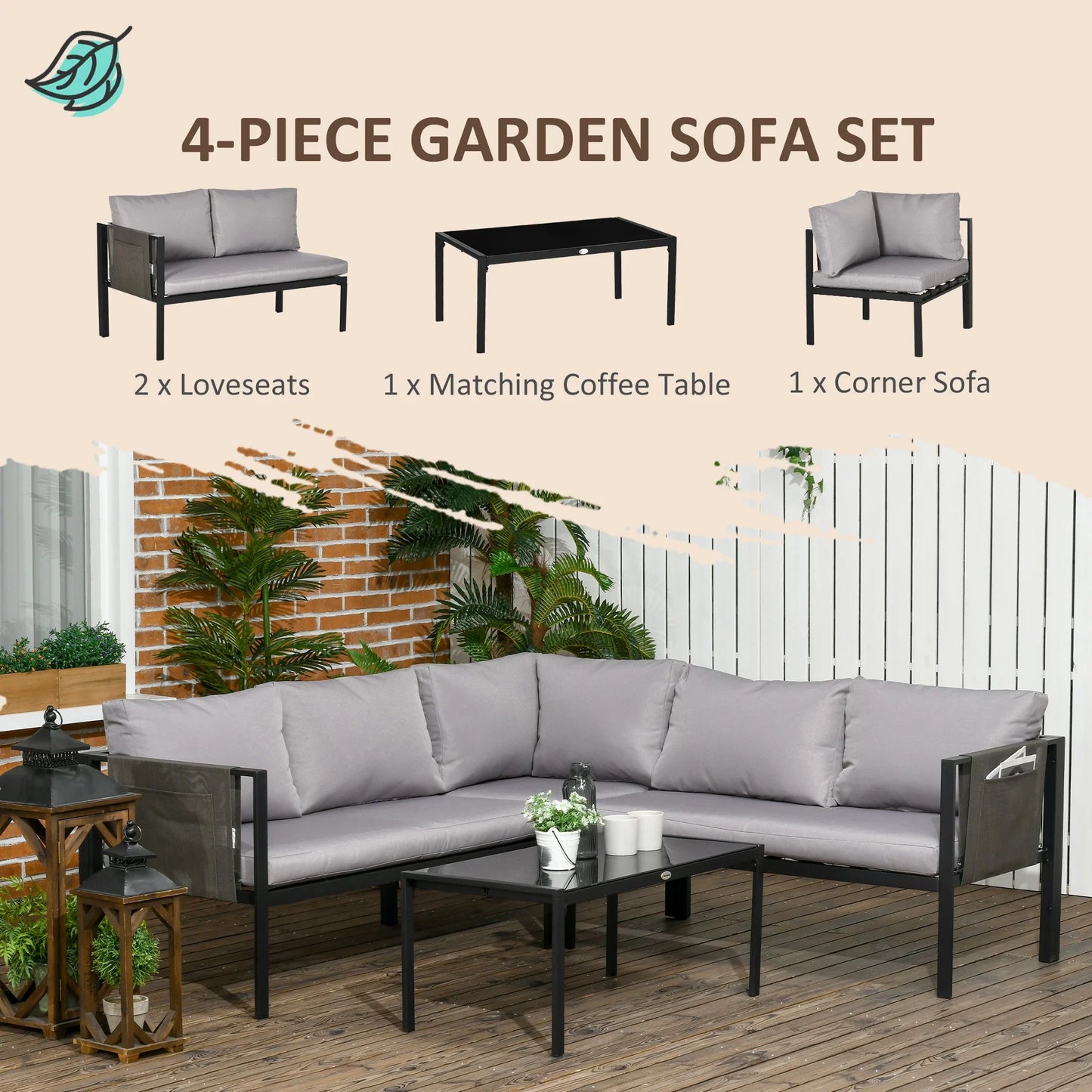 4 Piece Metal Garden Furniture Set with Tempered Glass Coffee Table, Breathable Mesh Pocket