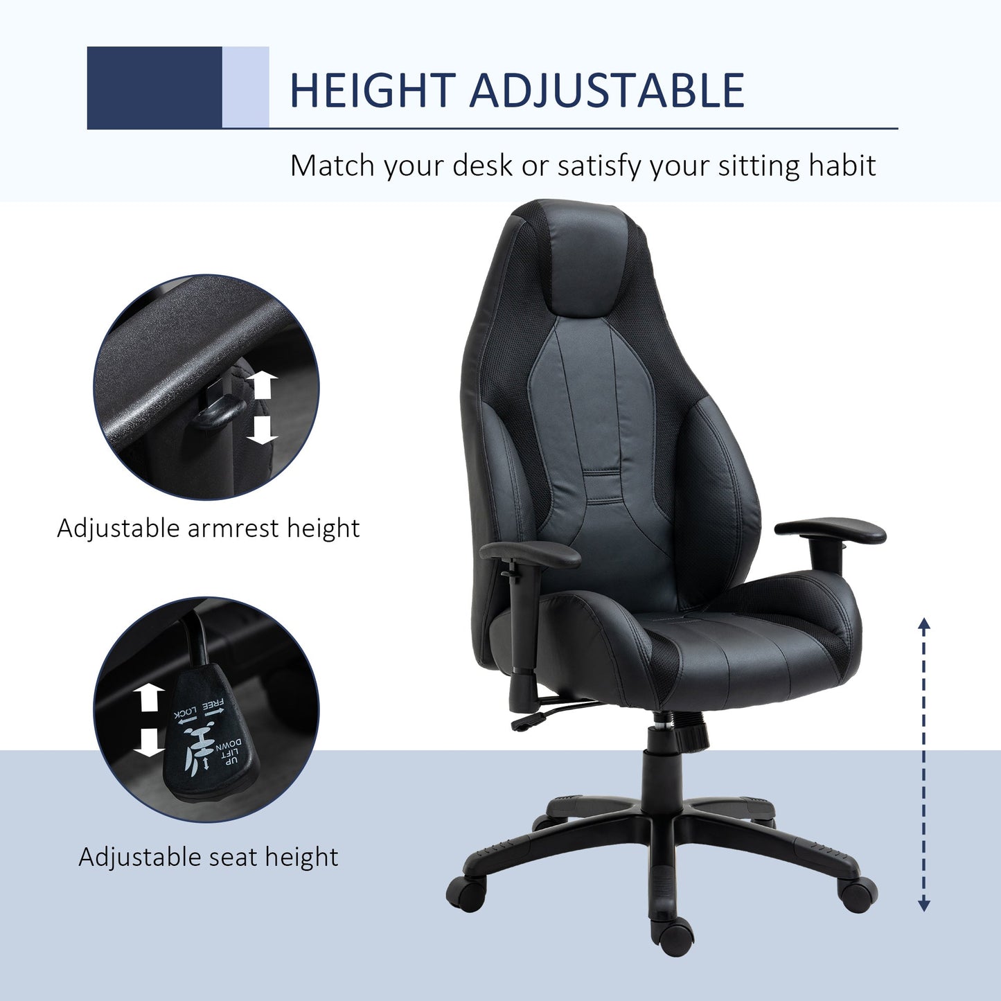 Vinsetto High Back Executive Office Chair Mesh & Faux Leather Gaming Gamer Chair with Swivel Wheels, Adjustable Height and Armrest, Black