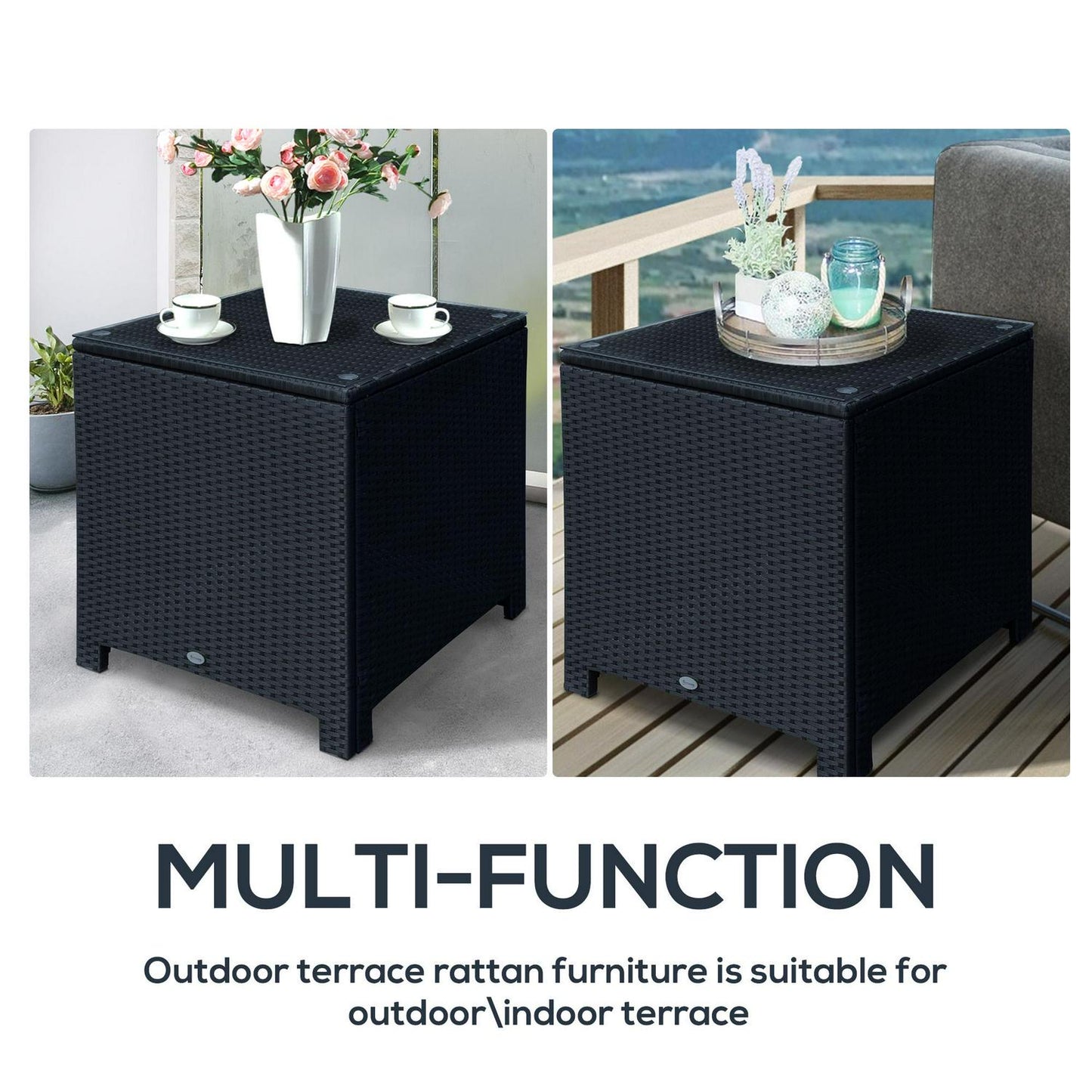 OutsunnyOutsunny Rattan Garden Furniture Side Table Patio Frame Tempered Glass New -Black