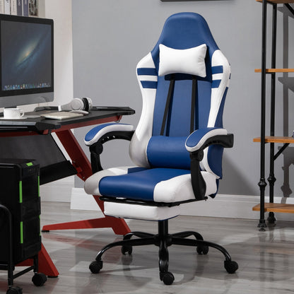 Vinsetto PU Leather Gaming Chair with Headrest, Footrest, Wheels, Adjustable Height - Blue/White