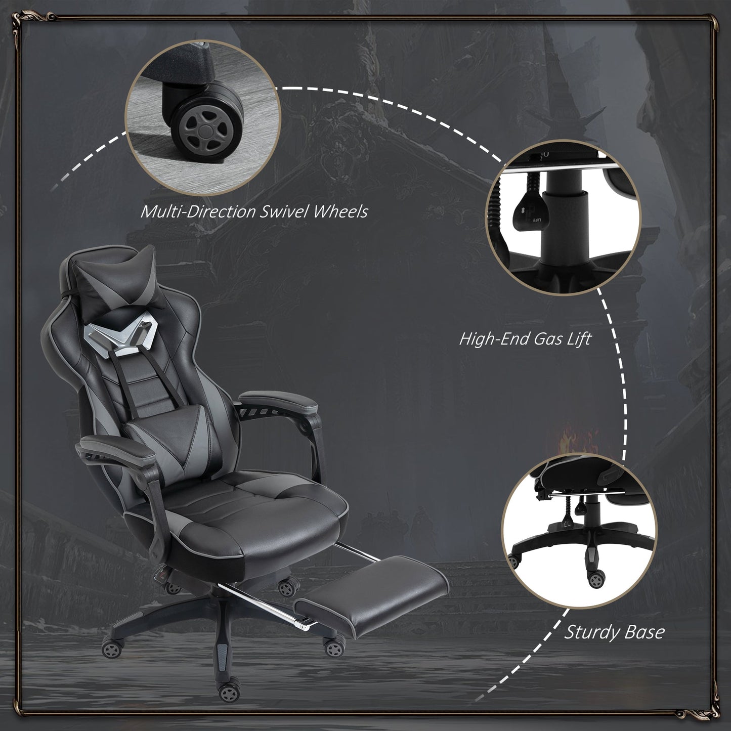 Vinsetto PU Leather Gaming Chair with Footrest and Headrest - Grey/Black