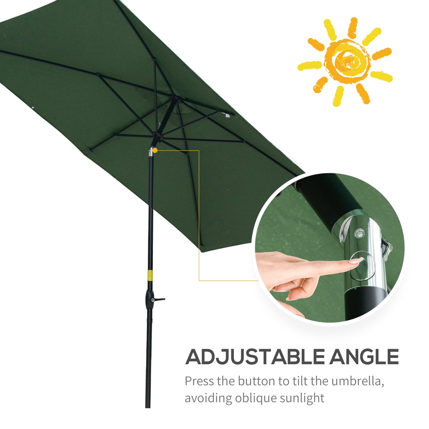 Outsunny 2 x 3(m) Garden Parasol Umbrella, Rectangular Outdoor Market Umbrella Sun Shade with Crank & Push Button Tilt, 6 Ribs, Aluminium Pole, Green