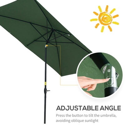 Outsunny 2 x 3(m) Garden Parasol Umbrella, Rectangular Outdoor Market Umbrella Sun Shade with Crank & Push Button Tilt, 6 Ribs, Aluminium Pole, Green