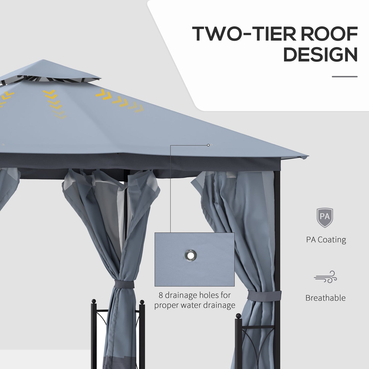 Outsunny 4 x 3.35(m) Patio Gazebo Canopy Garden Tent Sun Shade, Outdoor Shelter with 2 Tier Roof, Netting and Curtains, Steel Frame, Grey