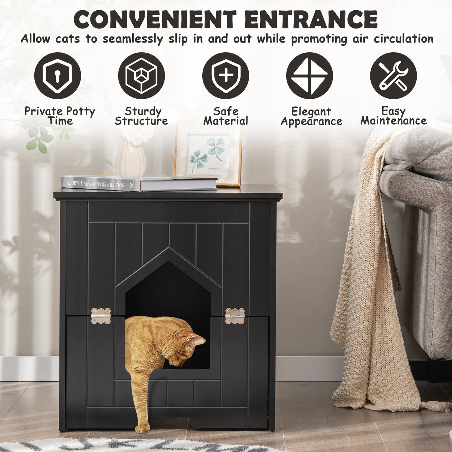 Cat Litter Box Enclosure with Flip Magnetic Half Door-Black