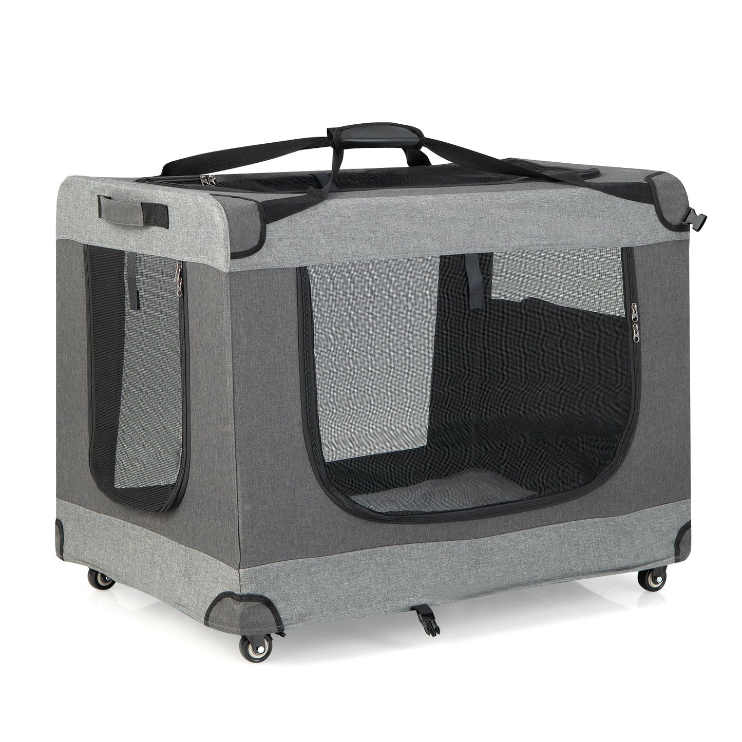 3-Door Folding Cat Carrier with Wheels and Removable Mat