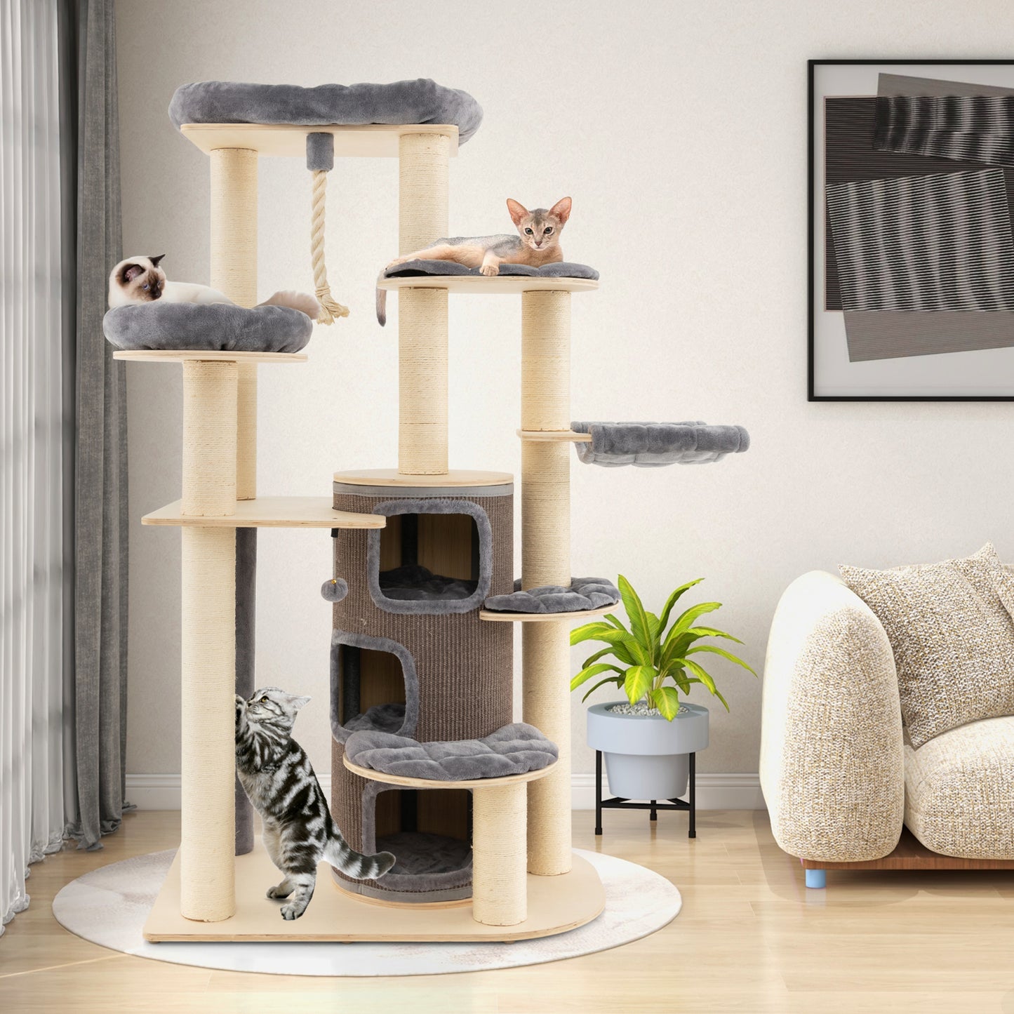 Wooden Cat Tower with 3-story Cat Condo-Grey